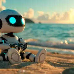 Mały robot z niebieskimi oczami siedzi na plaży, zastanawiając się, czym jest ai sztuczna inteligencja.