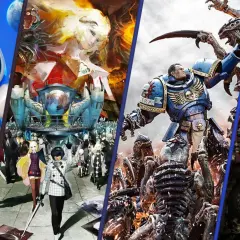 Astro Bot, postacie z gry Persona, Space Marine walczący z potworami i wojownik w zbroi – kolaż przedstawiający najpopularniejsze gry komputerowe.