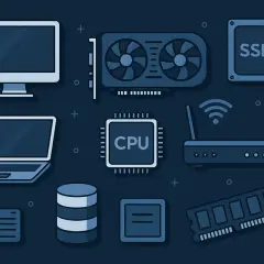 Komponenty komputera: monitor, laptop, karta graficzna, CPU, SSD, router, RAM. Idealne, by wybrać jaki komputer do VR.