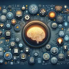 Centralny element to świecący, cyfrowy mózg, symbolizujący, co to jest generatywna sztuczna inteligencja. Otaczają go ikony technologii i danych.