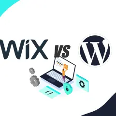 Wix czy WordPress? Grafika porównuje te dwie platformy do tworzenia stron, z ikonami i elementami graficznymi.