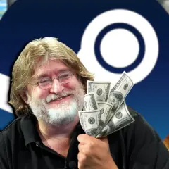 Gabe Newell z kupką dolarów, w tle logo Steam i okładki fajne gry na Steam.