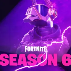 Postać w hełmie z goglami, otoczona fioletowymi błyskawicami. Napis "FORTNITE SEASON 6" w neonowych barwach.