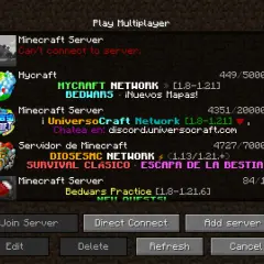 Lista serwerów Minecraft, w tym Hycraft i UniversoCraft. Brak wpisu Hypixel IP, ale można dodać nowy serwer.