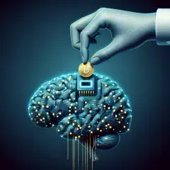 Dłoń wkłada monetę Bitcoin do cyfrowego mózgu, symbolizując, jak inwestować w sztuczną inteligencję i przyszłość technologii.