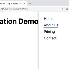 Strona "Navigation Demo" z menu: Home, About us, Pricing, Contact. Pokazuje, jak zrobić kotwicę HTML.