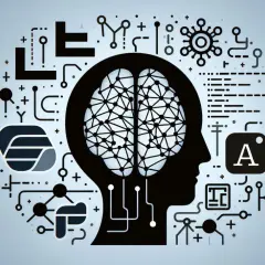 Grafika przedstawia sylwetkę głowy z mózgiem, otoczoną symbolami technologicznymi i naukowymi. Zastanawiasz się, jaki język programowania do sztucznej inteligencji wybrać?