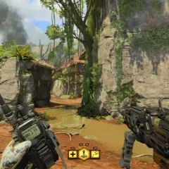 Wojownik w dżungli, gotowy do akcji w kampanii Black Ops 4. W rękach ma broń i krótkofalówkę, a przed nim widać wioskę i skalne ściany.