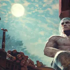 Geralt z Rivii, z kielichem w dłoni, odpoczywa pod księżycem. Obok niego dwa miecze, winogrona i dzbanek. Zapowiedź wiedźmin 3 nowy dodatek.