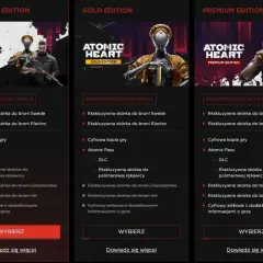 Porównanie edycji Atomic Heart: Standard, Gold i Premium. Edycja Gold i Premium zawierają Atomic Pass, cyfrową kopię gry i bonusy.