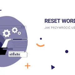 Ilustracja pokazuje, jak zresetować WordPress. Mężczyzna przy laptopie, ikony ustawień i tekstu "RESET WORDPRESSA".