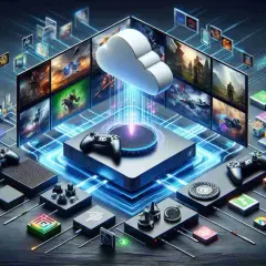 Konsola Xbox i kontrolery otoczone ekranami z grami, symbolizujące **xbox granie w chmurze**. Chmura wysyła strumień danych do konsoli.