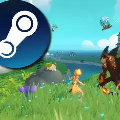Logo Steam na tle kolorowej gry z postaciami przypominającymi pokemony, w tym walczący potwór i dziewczyna.