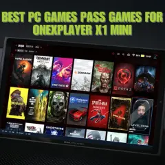 Ręce trzymają przenośną konsolę z widoczną listą gier na PC. To świetna game pass pc lista gier na OneXPlayer X1 Mini.