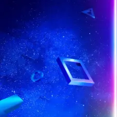 Gwieździste niebo z symbolami PlayStation. Trójkąt, kwadrat, kółko i krzyżyk unoszą się w kosmosie, a między nimi rozbłyska neonowy promień.