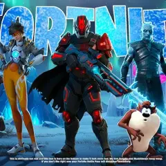 Postacie z Fortnite, w tym Tracers, w zimowej scenerii. To zapowiedź, który jest sezon w Fortnite, z Tasmanskim Diabłem.