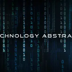 Cyfrowy deszcz zer i jedynek, jak przelozyc zdanie na system binarny. Napis "TECHNOLOGY ABSTRACT" w centrum.
