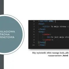 Przykładowa strona internetowa HTML na informatykę: kod z nagłówkiem i tekstem. Zapisz plik z rozszerzeniem .html.