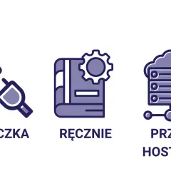 Ikony: wtyczka, książka z kołem zębatym, serwer w chmurze. Ilustrują, jak przenieść stronę WordPress na inny serwer.