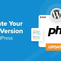 Jak zaktualizować PHP w WordPress? Grafika pokazuje logo WordPress, napis "php" z etykietą "NEW" i przycisk "UPDATE".