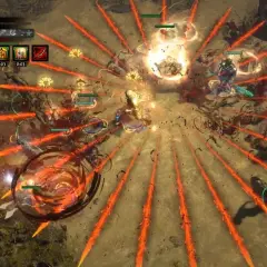Intensywna walka w Path of Exile po polsku. Postać walczy z hordą wrogów, używając ognistych zaklęć.