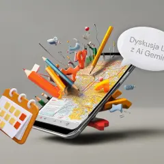 Telefon z mapą i ikonami symbolizującymi naukę. Dyskutuj z Ai Gemini, poznaj co to jest sztuczna inteligencja w telefonie.