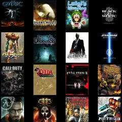 Kolekcja okładek gier PC, w tym Metal Gear Solid, Mafia, Zelda, Star Wars i inne, tworząca listę top 100 gier PC.