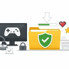 Komputer z padem, słuchawki, płyty, kłódka i folder z tarczą symbolizują bezpieczne pobieranie **free gry na Steam**.