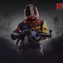 Postać w kombinezonie z bronią, gotowa do walki w świecie Rust. Ciesz się możliwością **Rust crossplay** na konsolach!