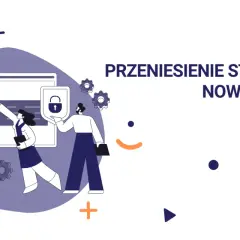 Ilustracja pokazuje, jak przenieść stronę WordPress na inną domenę. Dwie postacie pracują nad przeniesieniem strony, symbolizowanej przez ekran komputera z ikoną kłódki.