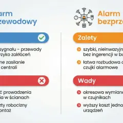 Porównanie alarmów: przewodowy (stabilny, zasilany z centrali) vs bezprzewodowy (szybki montaż, łatwa rozbudowa). Dowiedz się, jak uzbroić alarm w domu.