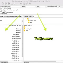 FileZilla pokazuje, jak zainstalować WordPress na serwerze, przesyłając pliki do katalogu public_html.