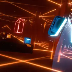 Wirtualna rzeczywistość w grze Beat Saber VR2: niebieskie miecze przecinają pomarańczowe linie i kostki w rytm muzyki.
