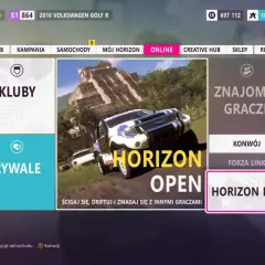 Menu gry Forza Horizon 5, opcja "Horizon Open" zachęca do ścigania się, driftowania i zmagań z innymi graczami w trybie multiplayer.