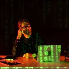 Mężczyzna w okularach myśli, jak zamienić swoje imię na system binarny używając tabeli ASCII. W tle zielone cyfry.