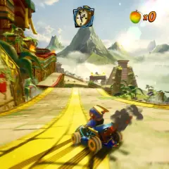 Wyścig w grze Crash Team Racing na PC. Crash Bandicoot prowadzi na 1. miejscu, wyprzedzając rywali na malowniczej trasie.