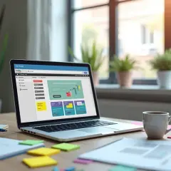 Laptop z panelem WordPress, idealny do nauki, jak postawić stronę na WordPress. Na biurku notatki i kawa.