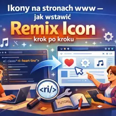 Ilustracja pokazuje, jak dodać ikonę strony html. Dwie osoby pracują przy komputerach, a na ekranach widać kod i gotową stronę z ikonami.