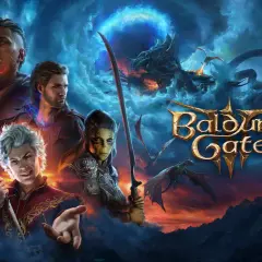 Postacie z Baldur's Gate 3 na tle burzowych chmur i smoków. Gra dostępna w ramach Game Pass.