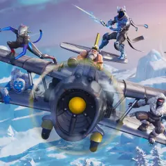 Postacie z Fortnite na samolocie, jakby świętowały ile jest sezonów w Fortnite. W tle zimowy krajobraz.