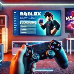 Gotowe do gry w Roblox na PS4 po polsku! Ekran telewizora pokazuje opcję pobierania, a w ręce trzymasz kontroler.