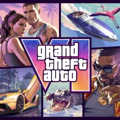 Kolaż z gry PS4 GTA 6: helikopter, para, łódź, mężczyzna z bronią, kobieta, samochód, aligator, raper i motocyklista.