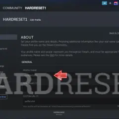 Ekran edycji profilu Steam. Pole "PROFILE NAME" jest podświetlone, sugerując możliwość zmiany nazwy konta.