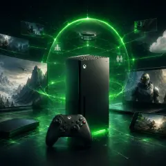 Xbox Series X w centrum cyfrowego świata, otoczony ekranami z grami, kontrolerem i chmurą. Premiera Xbox One X była przełomem.