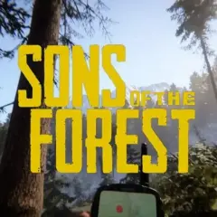 Napis "Sons of the Forest" na tle gęstego lasu i gór. Widać też fragment urządzenia z mapą, jakby gracza w grze "the forest 2 ps5".