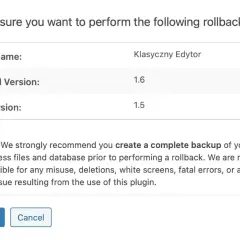 Potwierdzenie cofnięcia zmian wtyczki Klasyczny Edytor w WordPress z wersji 1.6 na 1.5. Zalecany backup przed rollback.