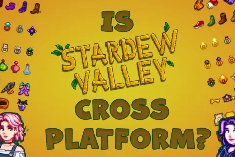 Czy Stardew Valley cross platform? Grafika przedstawia ikony przedmiotów z gry i pytanie o możliwość wspólnej gry między platformami.