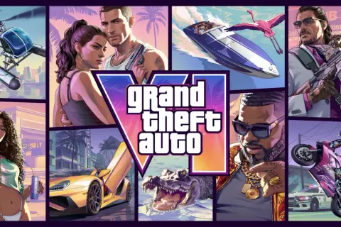 Kolaż z gry PS4 GTA 6: helikopter, para, łódź, mężczyzna z bronią, kobieta, samochód, aligator, raper i motocyklista.