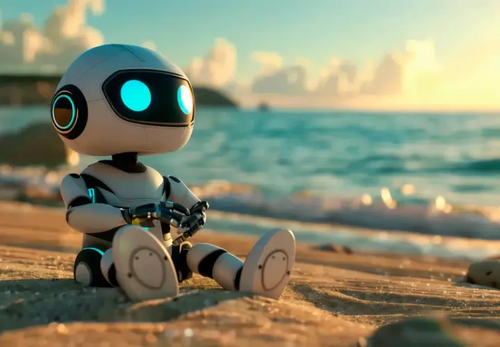 Mały robot z niebieskimi oczami siedzi na plaży, zastanawiając się, czym jest ai sztuczna inteligencja.