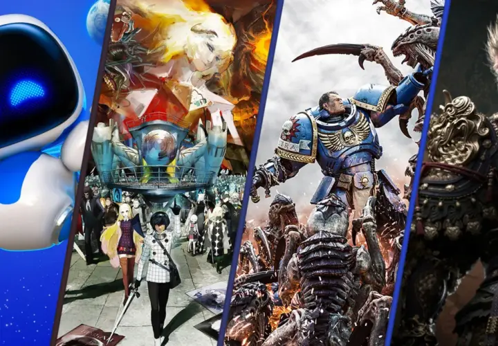 Astro Bot, postacie z gry Persona, Space Marine walczący z potworami i wojownik w zbroi – kolaż przedstawiający najpopularniejsze gry komputerowe.